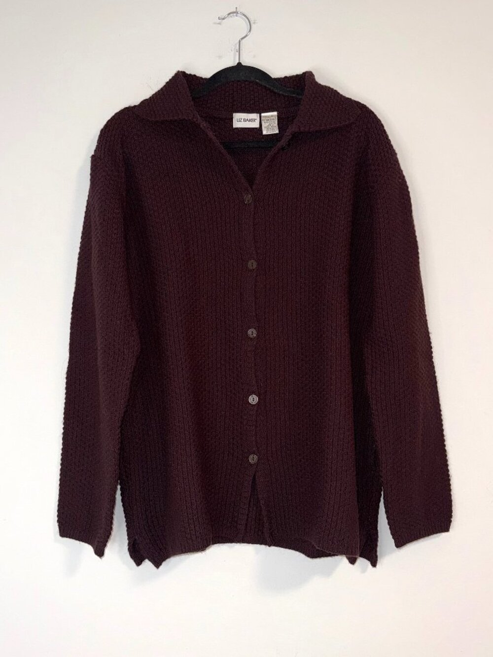 VTG Liz Baker Stockinette Stitch Knit Collared Cardigan Sweater Dark Maroon Brow